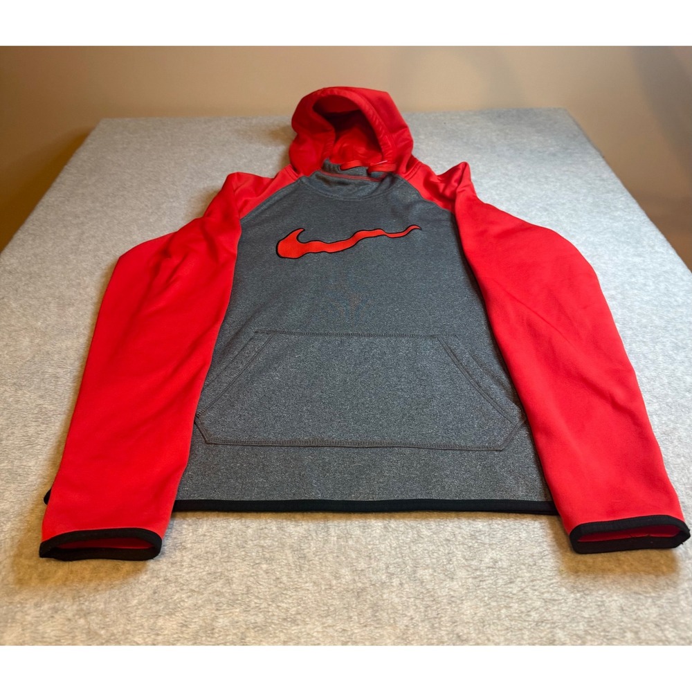 Nike Therma-FIT Hoodie Mens Medium Grey Red Pullover Swoosh 715597-036